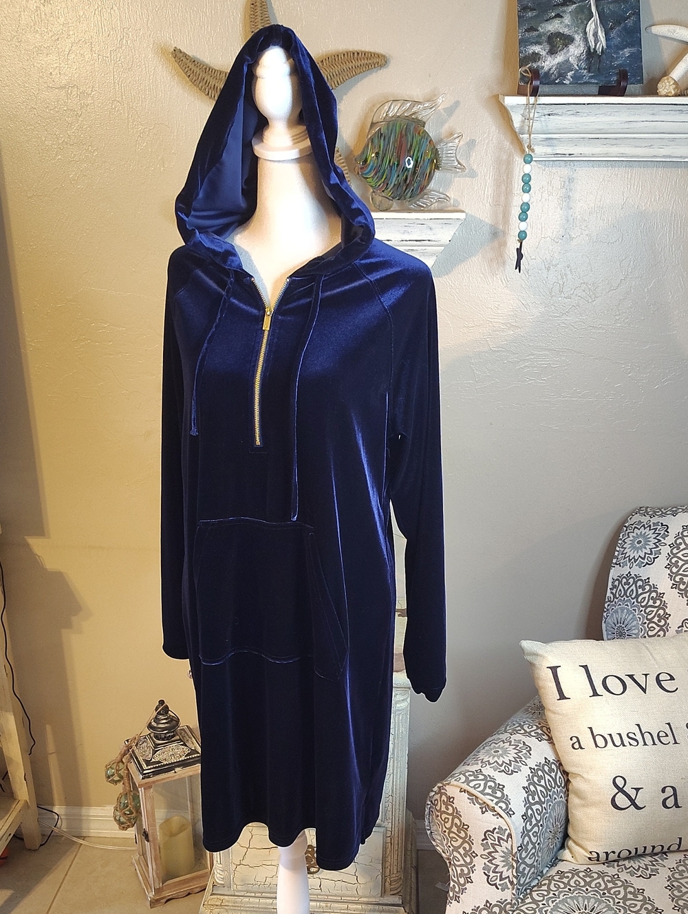 Jones New York Velvet Hooded Tunic 1/4 Zip Pullover Dress - Navy Blue